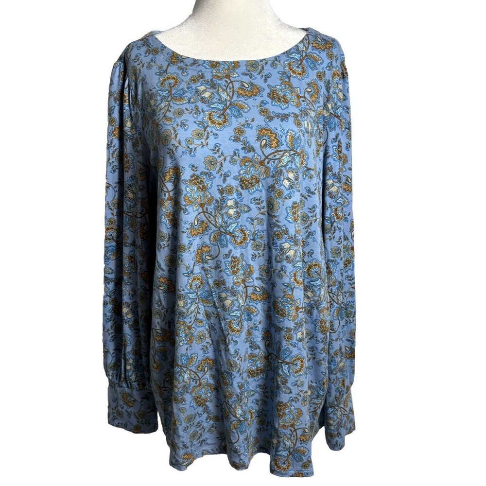 J. Jill Cottagecore Blue dainty floral print Long Sleeves Peasant Top Size Large